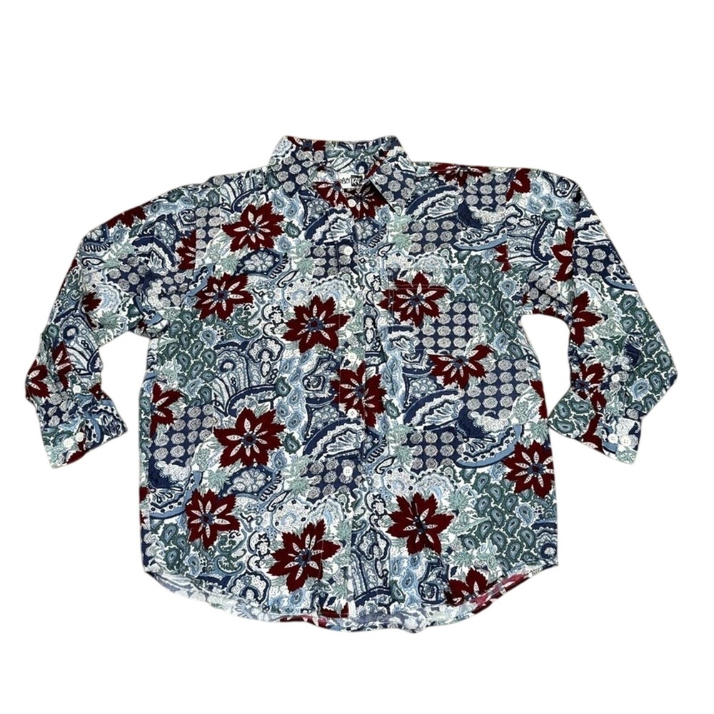 Krazy Kat Floral Button Up Shirt Blue Red Rayon Long Sleeve Women's Medium